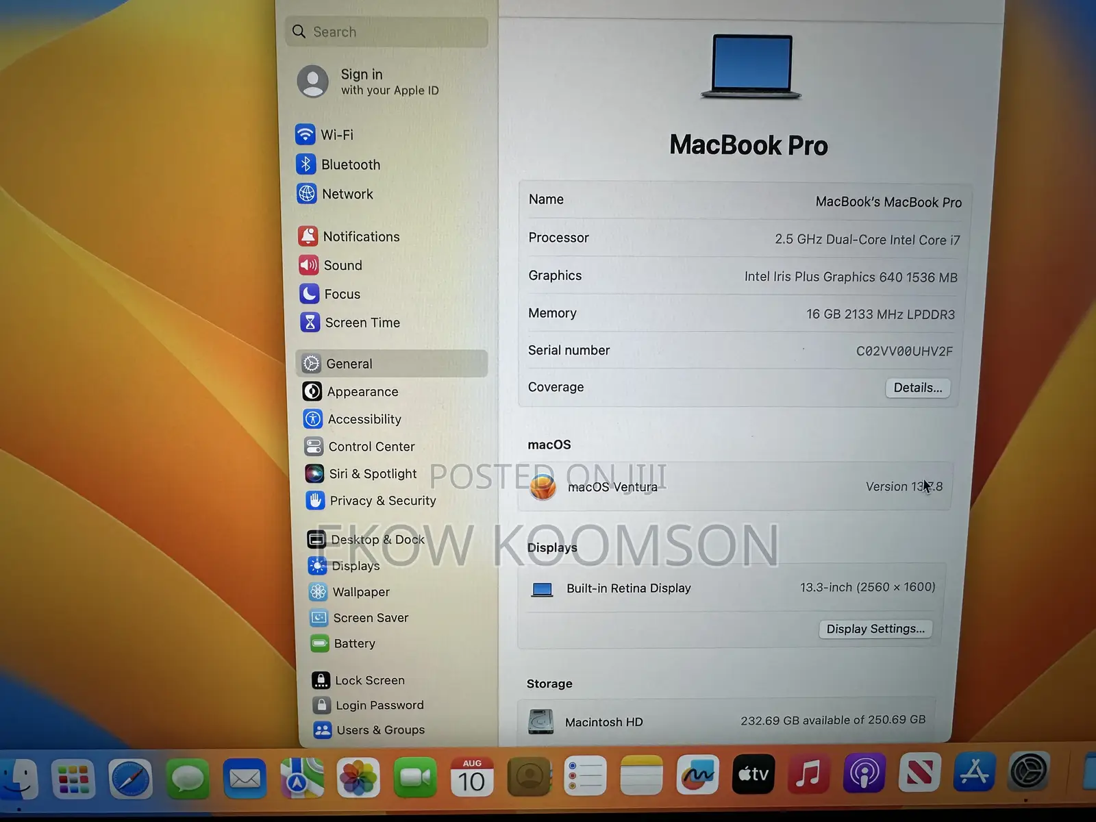 Laptop Apple MacBook Pro 2017 16GB Intel Core i7 SSD 256GB