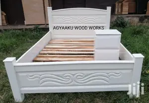 White Wooden Double Bed With Drawer